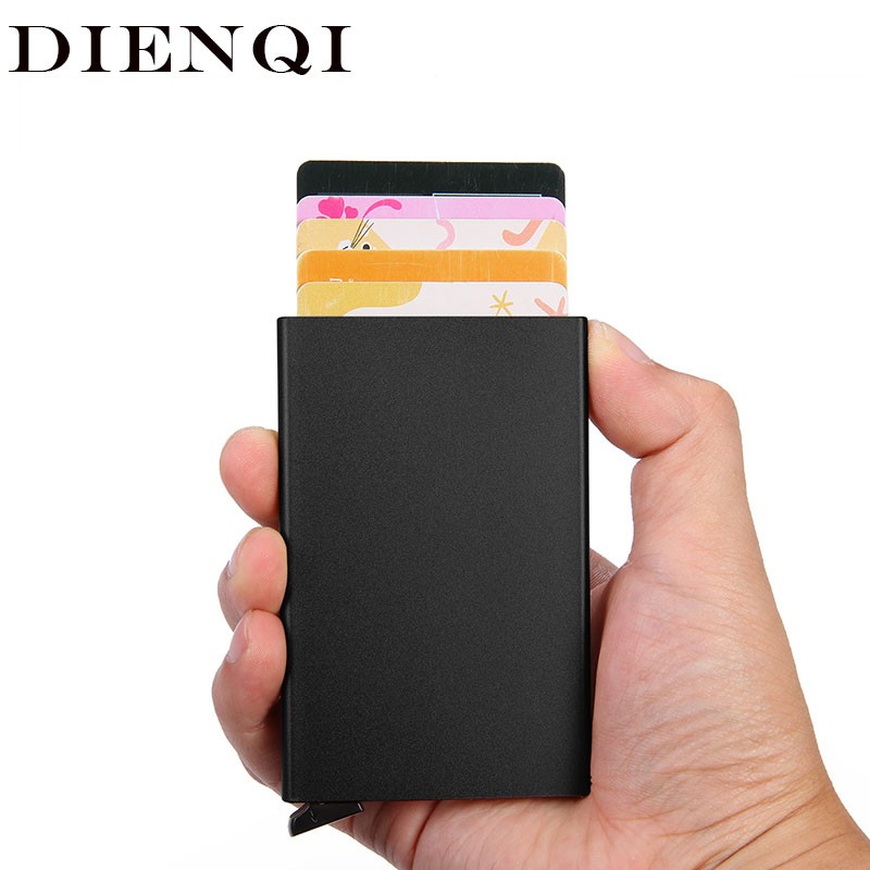 DIENQI Small Wallet Men RFID Smart Wallet Men Slim Thin Metal Wallet Black Laser Small Designer Wallet for Men 2021