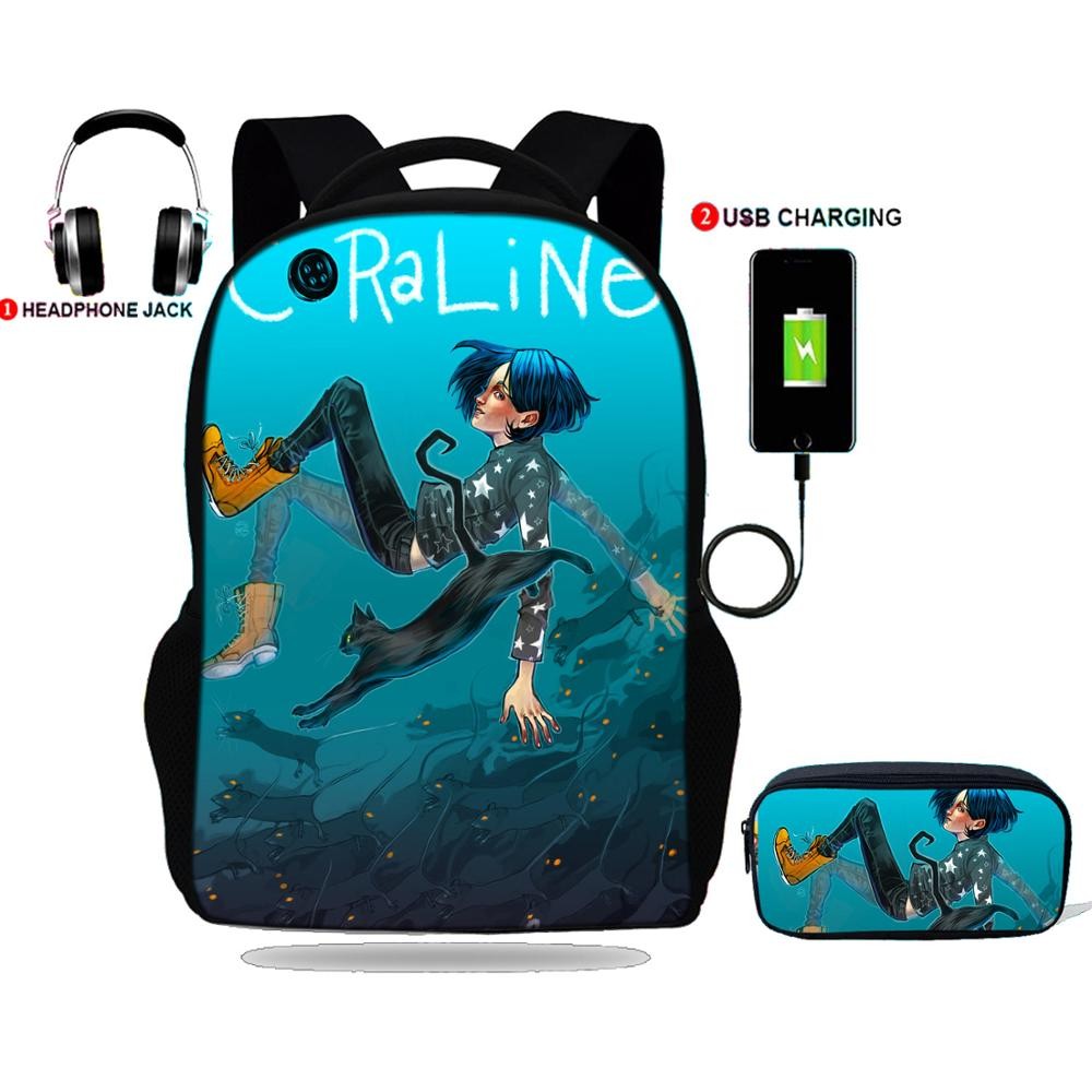 Teenager Backpack Coraline Print School Bag USB Charging For School
