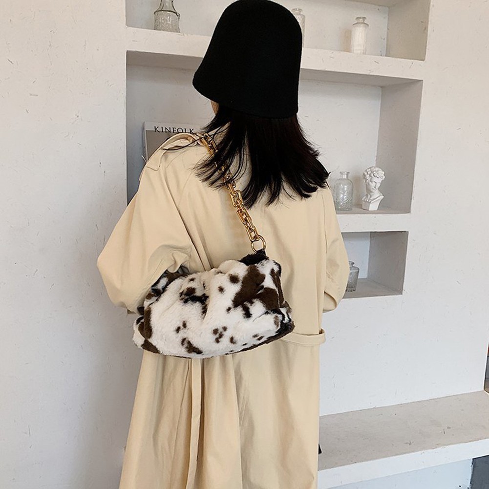 INS Fashion Women Winter Cloud Bag Cow Print Soft Plush Shoulder Bag Female Thick Chain Handbags Ladies Warm Fur Underarm Bags