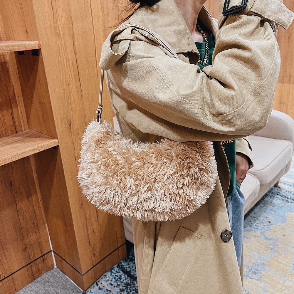 Women's Soft Plush Shoulder Bag Solid Color Hobos Warm Cloth Handbag Female Autumn Winter Casual Small Tote Bag Underarm Shopper