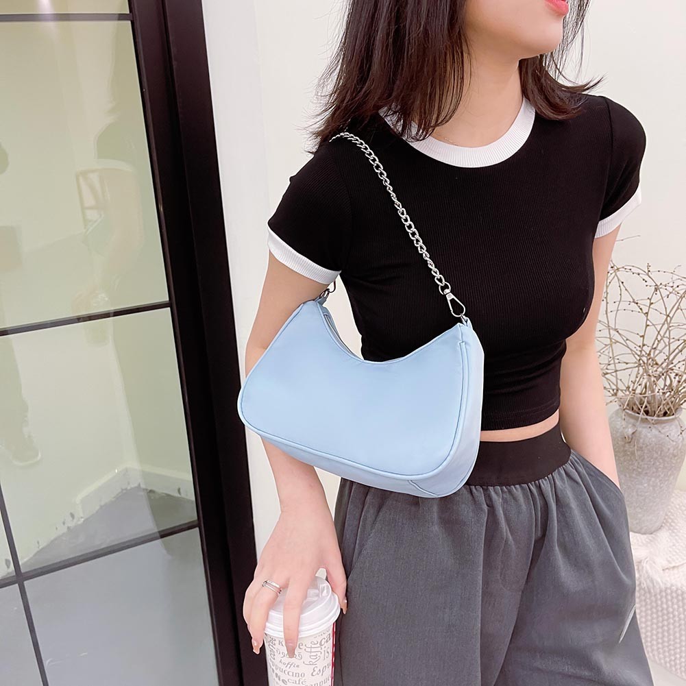 Fashion Young Women's Purses Handbag Solid Color Casual Small Underarm Bag Female Chain Shoulder Pouch Ladies Nylon Top-handle Bags