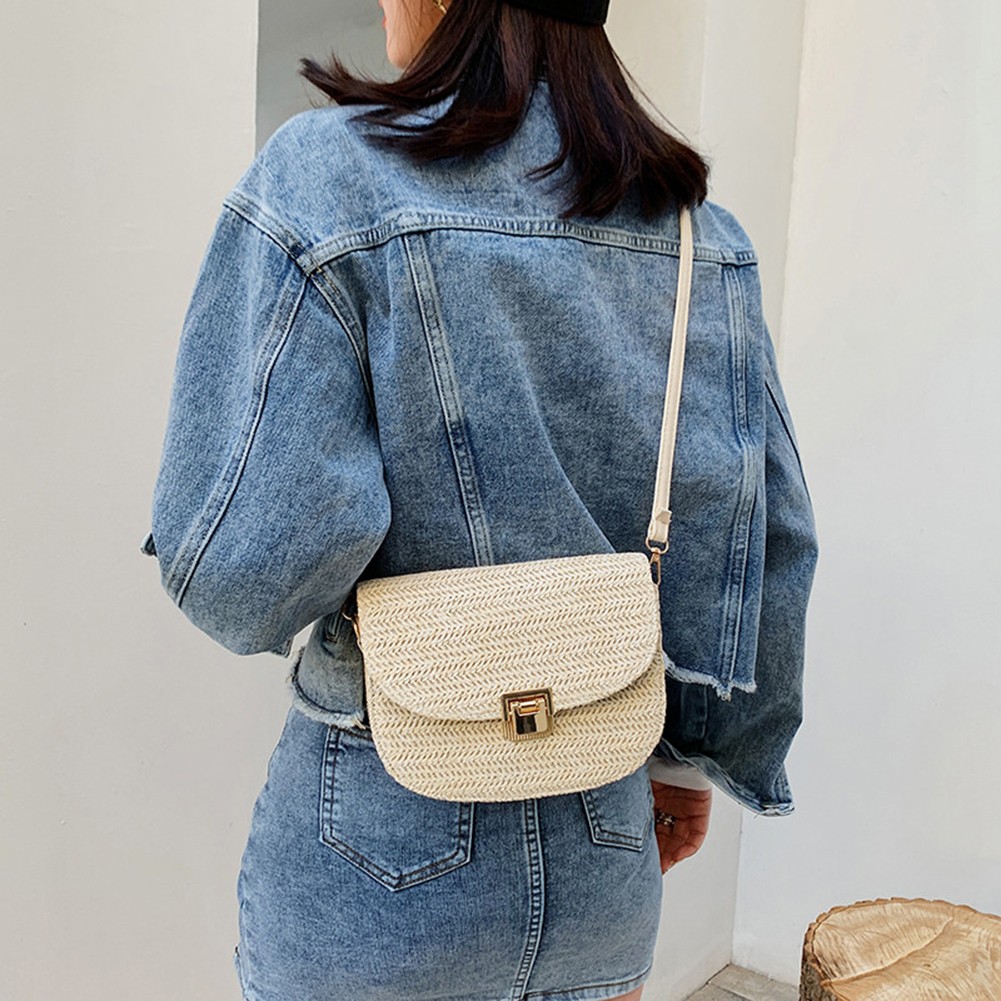 Ladies Vintage Straw Woven Chain Shoulder Bag Women Summer Small Handbag Female Beach Vacation Vacation Half Circle Saddle Bags