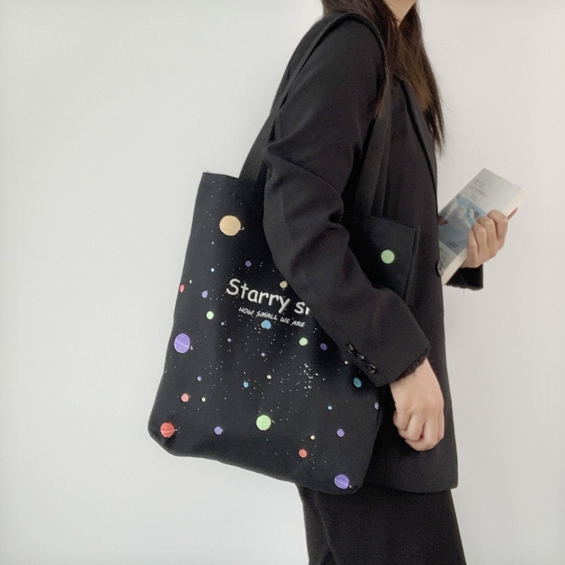 Women's shoulder bag 2022 canvas tote fashion girl bag simple large capacity shopper bag with wide zipper starry sky print handbag