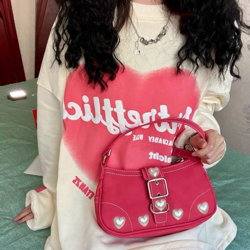 Xiuya Harajuku Vintage Female Shoulder Bag 2022 Rose Red Heart Japanese Gothic Lolita Bag Female Mobile Phone Bags Pouch Purse