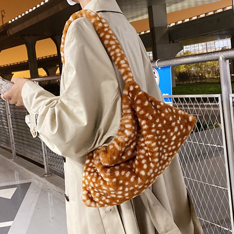 2022 cute plush female shoulder bags printed leopard crossbody bags high capacity girl pocket winter warm fluffy handbags