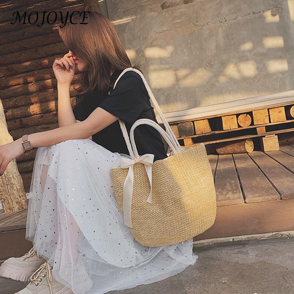 Women Woven Straw Drawstring Shoulder Bags Handmade Lady Summer Shoulder Bags Woven Handbags