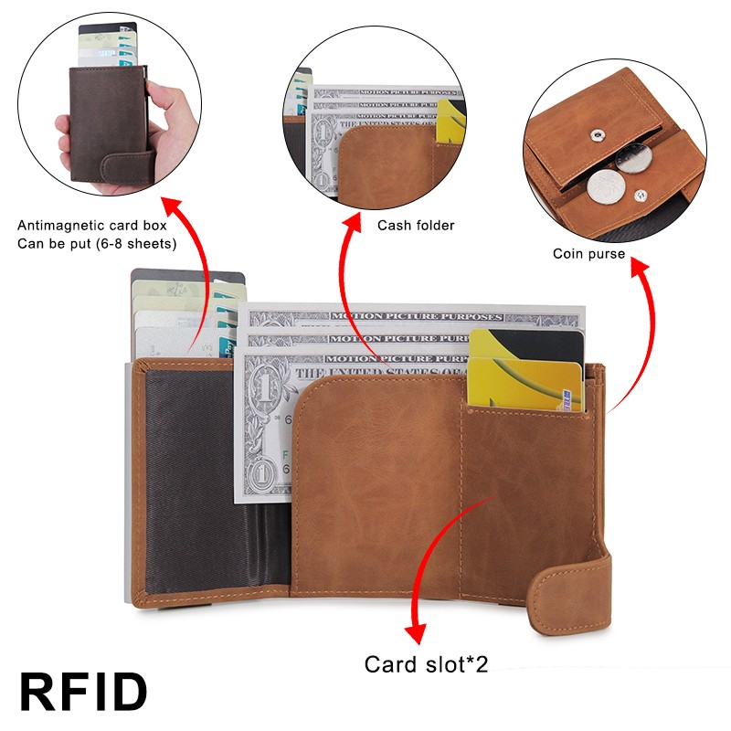 DIENQI RFID Genuine Leather Men Wallets Card Holder Slim Thin Smart Magic Wallet Mini Short Coin Purse Male 2022 Brown Vallet