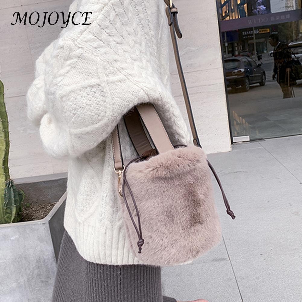 Fashionable Women Shoulder Bags Plush Drawstring Solid Color Casual Ladies Bag Bucket Shoulder Drawstring Handbags