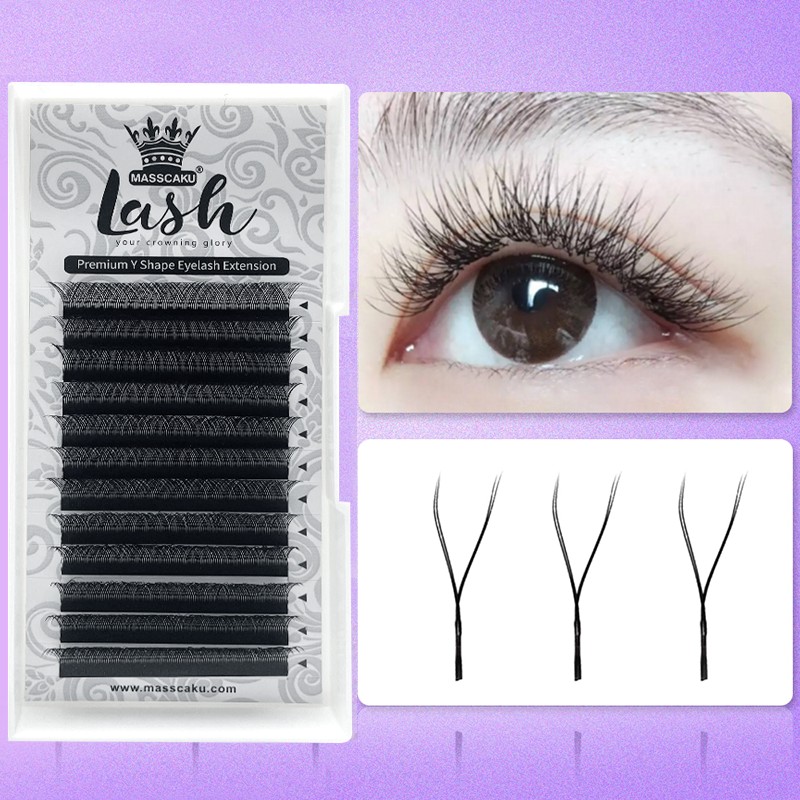 MASSCAKU Sale 12 Rows YY Shape Faux Mink Double Tip Eyelash Y Style Russian Volume Individual Eye Lashes Easily Flap Y Lashes