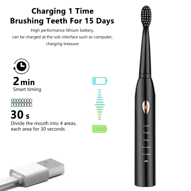 Modes Acoustic Vibration All-round Adult Timer Brush 5 Waterproof USB Charger Rechargeable Tooth Brushes Replacement Heads Set