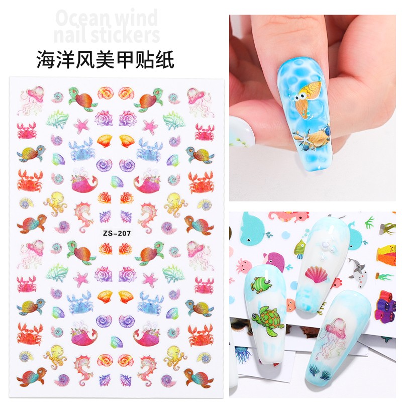 LEAMX Ocean Cute Glitter Laser Nail Art Marine Animal Shell Turtle Fish Starfish Nail Sticker Slider 9D Nail Sticker Decoration