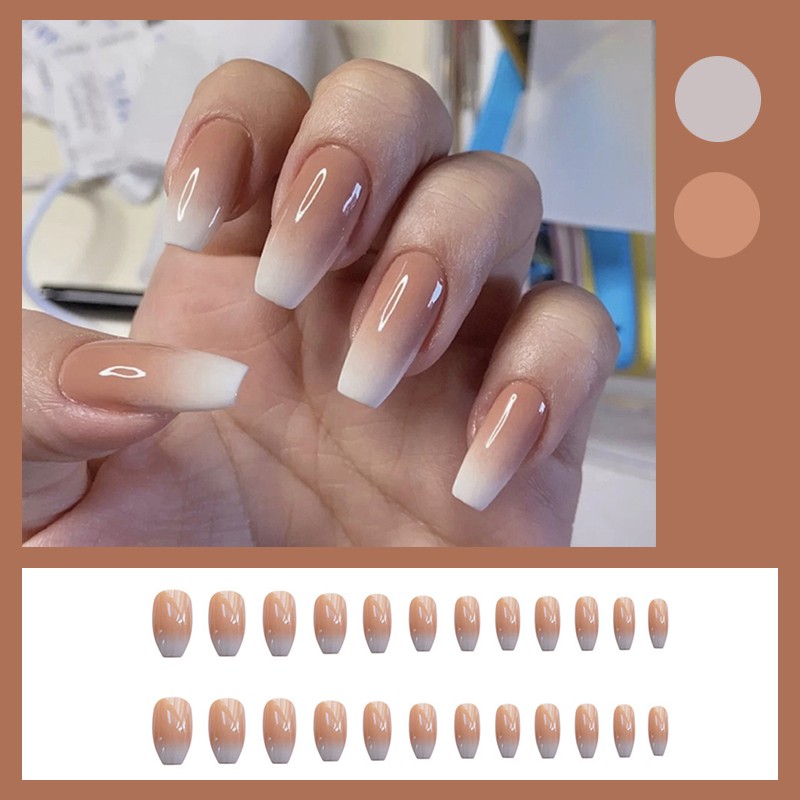 24pcs/box false nails with glue mid length fake nails gradient wear nail stickers finished fake nails press on coffin nails