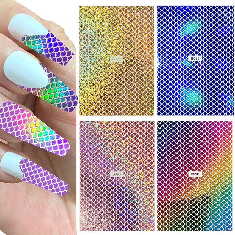 1 Sheet Nail Art Holographic Fish Scales Shaped Sticker Self Adhesive 12 Colors Nail Foil Decals Manicure Adhesive Laser Decals