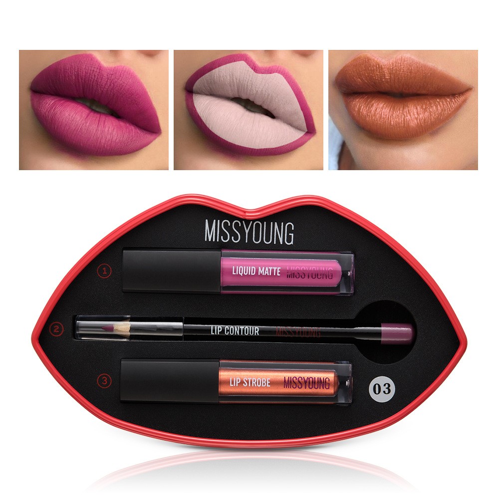 3 in 1 lip liner pen with 2 lip gloss lip tint maquiagem waterproof makeup matte liquid lipstick cosmetics matte makeup set