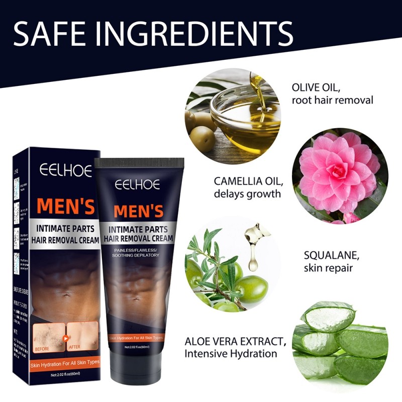 Men Hair Removal Cream Perfect for Underarm Legs Face Reduces Irritation Painless No Harmful Chemicals 60ml