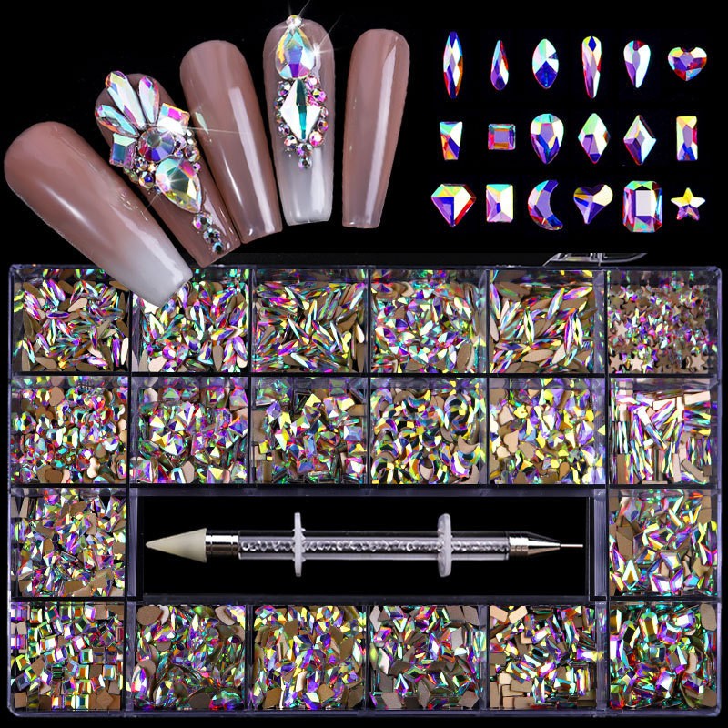 Luxury Box Shiny Diamond Nail Art Rhinestone Crystal Glass Set Decorations Set 1pcs Pick up Pen in Grids Box 21 Shapes of 2500pcs