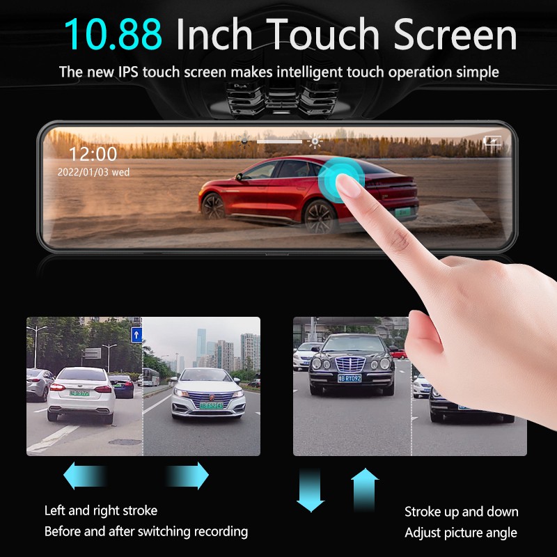 TOTNG Car DVR Touch Screen Stream Media Dual Lens 1080P Video Recorder 12" Dashcam Rearview Mirror With 1080P Rear Camera