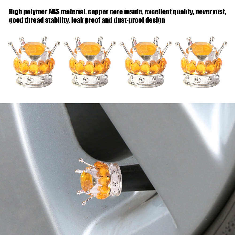 4pcs Universal Car Styling Bling Rhinestone Silver Crown Gear Tire Valve Caps Copper Core Auto Truck Tire Rim Stem Dust Cover