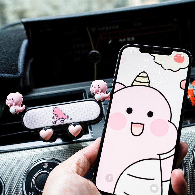 Car Mobile Phone Bracket Men And Women Cute Small Cow、Dinosaur Air Outlet Car Interior Car Navigation Pink Car Accessories