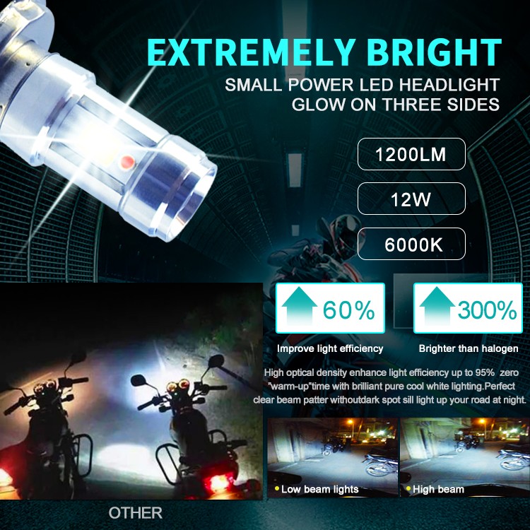 12W 1200LM LED H4 Motorcycle Headlight COB Bulbs Motorbike Scooter Headlamp High Light Low Beam All in on 6500K White DC 12V