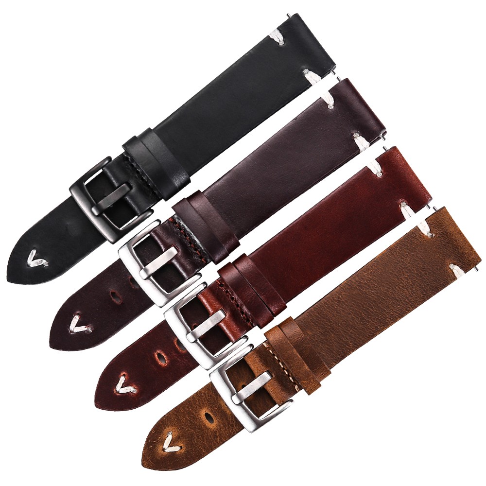 Leather Watchband Strap 18mm 20mm 22mm Quick Release Watch Strap Cowhide Strap Handmade Black Dark Brown Vintage Oil Wax Leather