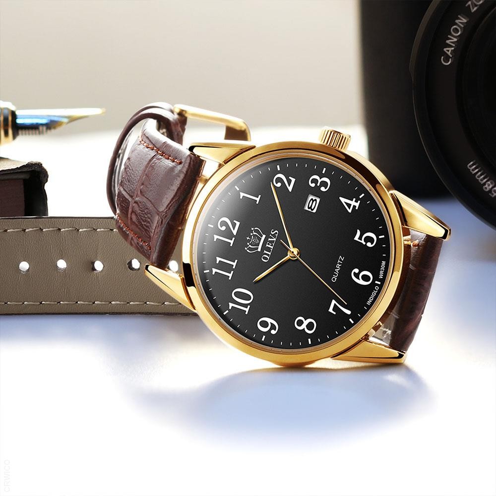 OLEVS Men's Quartz Watch Top Brand Fashion Casual Luxury Dress Genuine Brown Leather Strap Men's Watches Waterproof Wristwatch