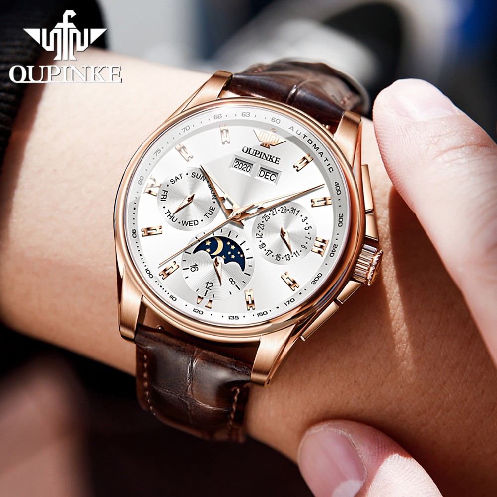 OUPINKE Luxury Men Watches Chronograph Automatic Mechanical Leather Watch Waterproof Sport Moon Phase Wristwatch montre homme