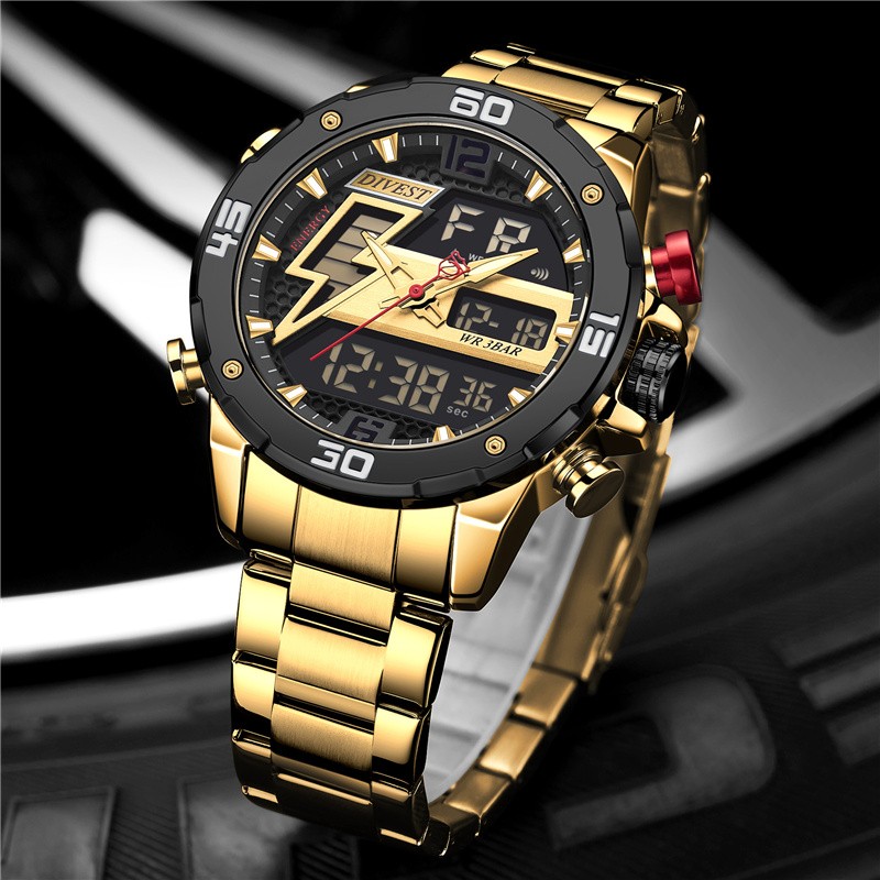 DIVEEST Authentic Gold Watch Men Luxury Brand Analog Quartz Casual Sports Watch Digital Military Chronograph Wrist Watches for Men