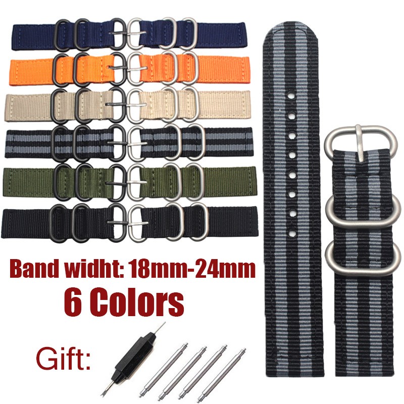 High quality 6 colors NATO watchband 18mm 20mm 22mm 24mm nylon waterproof watch band strap sport stainless steel bracelet buckle