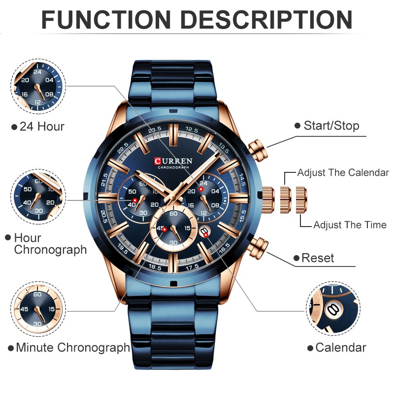 CURREN Men Watch Luxury Brand Sport Quartz Mens Watches Full Steel Waterproof Chronograph Wristwatch Men Relogio Masculino