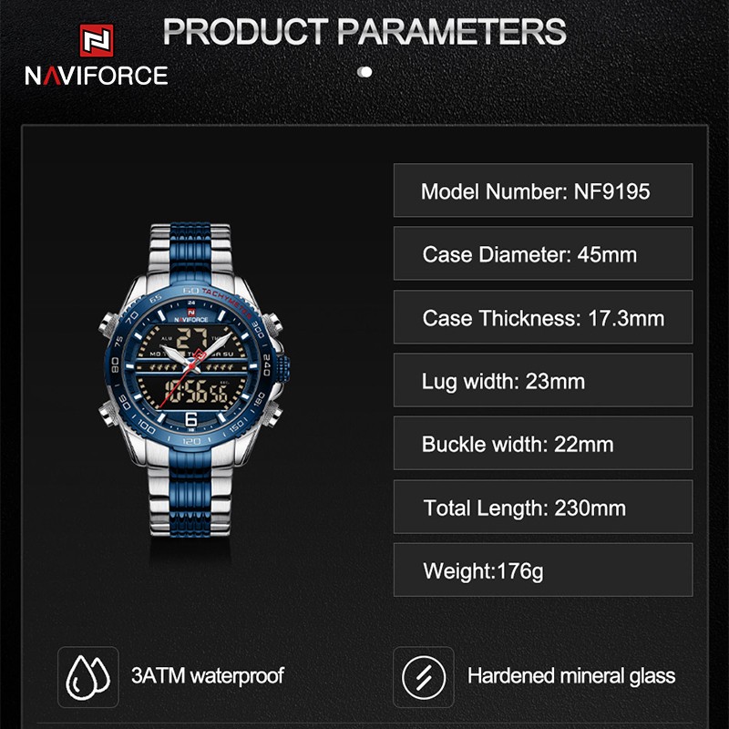 Luxury Brand NAVIFORCE Digital Men Sports Watch Steel Band Waterproof Chronograph Luminous Alarm Clock Quartz Male Wristwatch