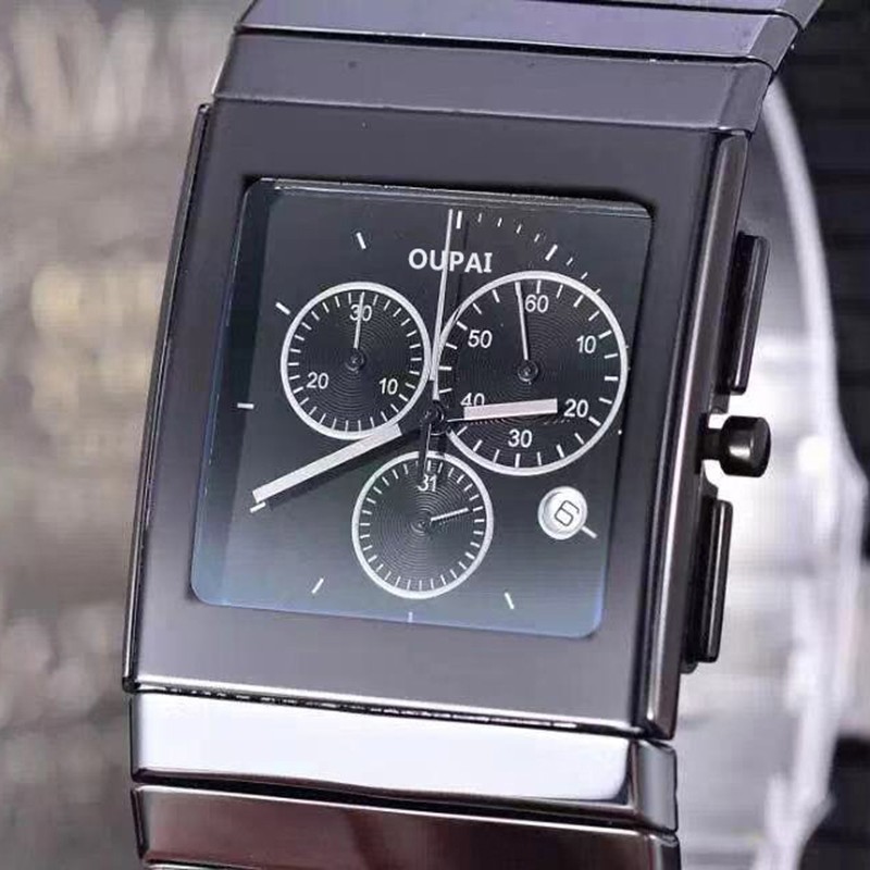 OUPAI 2021 New Arrival Rectangle Black Ceramic Quartz Watch Man Ultra-thin Timing Stop Watch Function Waterproof 35mm Wide