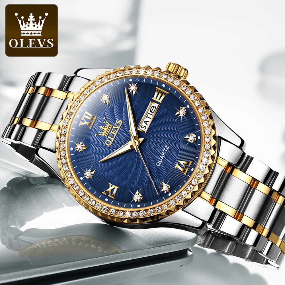 OLEVS Quartz Stainless Steel Strap Men's Wristwatches Waterproof Business Golden Diamond Inlaid Luxury Watch For Men Luminous