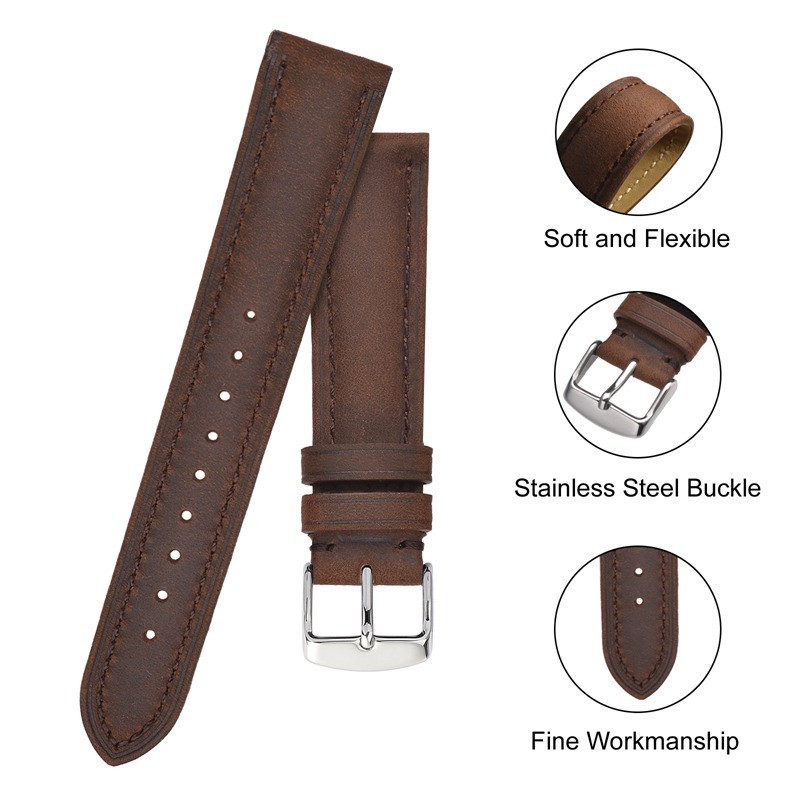 Anbeer 14mm-24mm watch strap, retro genuine leather watchband, vintage replacement bracelet for men women, polished buckle