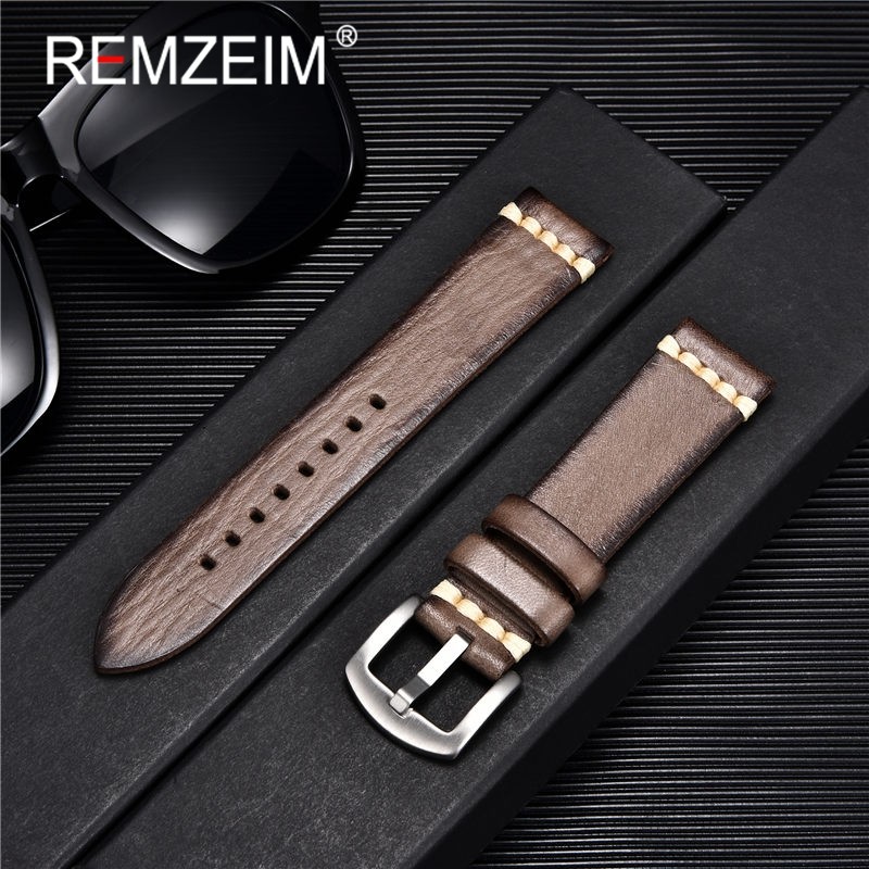 Rimzm Tanned Leather Watch Strap Antique Watch Strap 18mm 20mm 22mm 24mm Red Gray Blue High Quality Wristband Strap Accessories