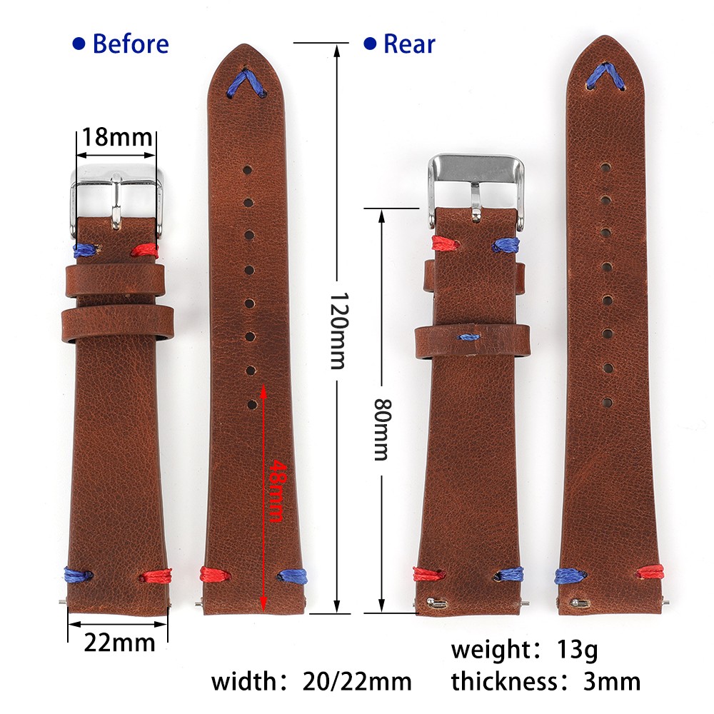 Handmade Retro Genuine Leather Watch Band 20mm 22mm Red Blue Line Calfskin Watch Strap Bracelet for Men Watch Accessories