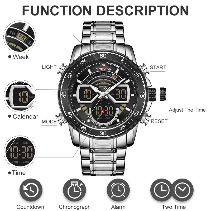 NAVIFORCE Men Sports Military Waterproof Watches Luxury Analog Quartz Digital Wrist Watch for Men Stainless Steel Gold Watches