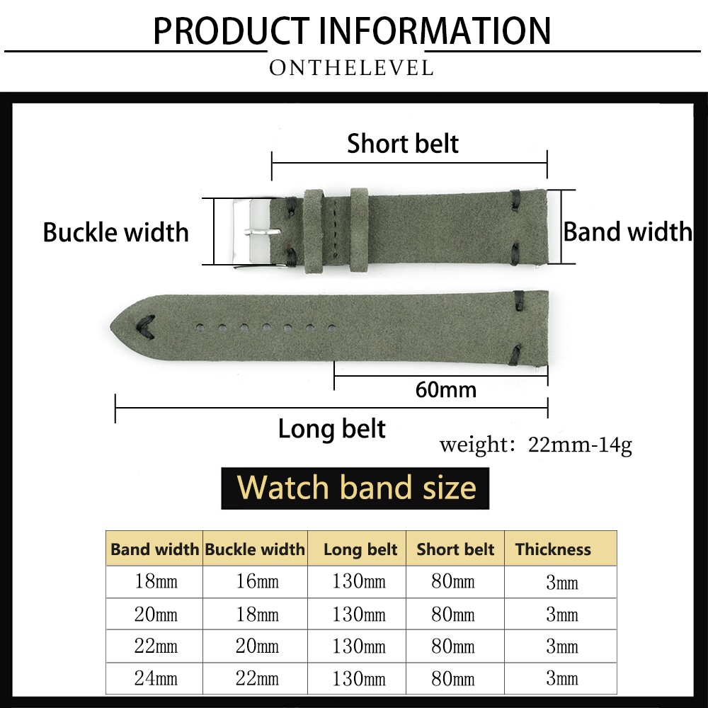 Onthelevel Handmade Dark Green Suede Leather Watch Strap Bands 18mm 20mm 22mm Stainless Steel Buckle With White Black Stitching