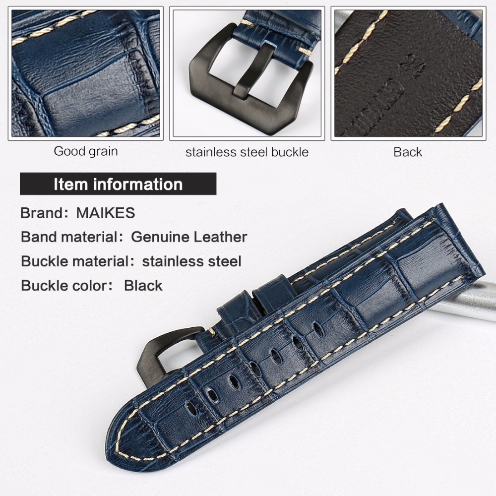 MAIKES Quality Genuine Leather Watch Strap 22mm 24mm 26mm Fashion Blue Watch Accessories Watchband for Panerai Watch Band