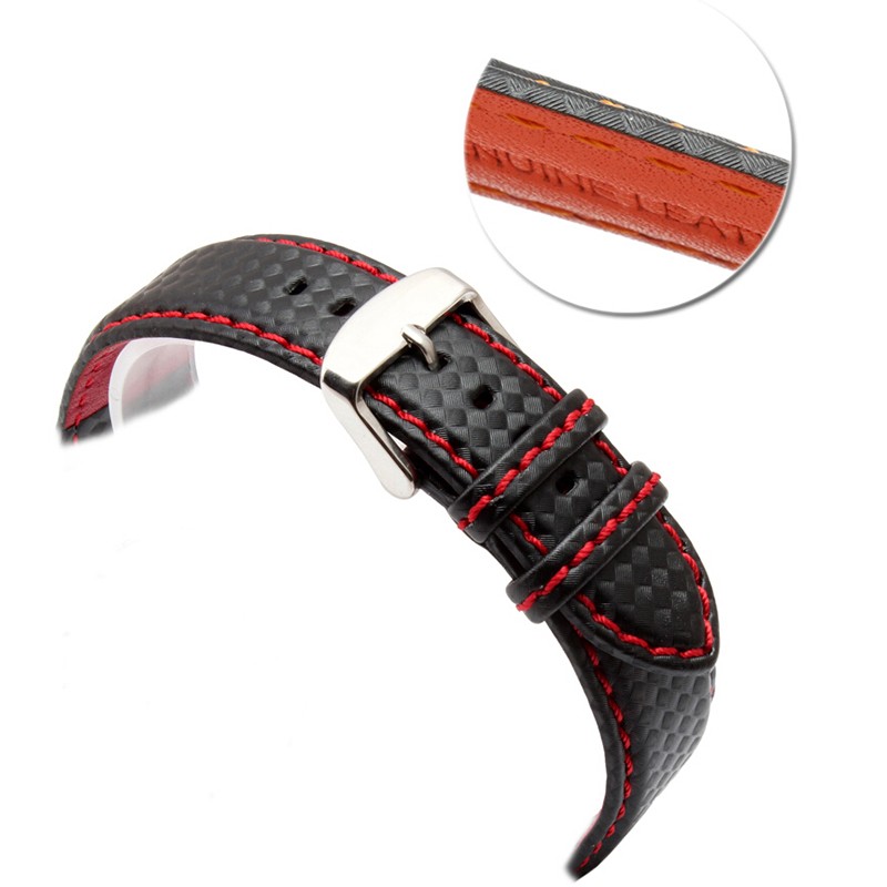 New 18mm 20mm 21mm 22mm 23mm durable orange stitching carbon fiber man black genuine leather with silver buckle watchband strap