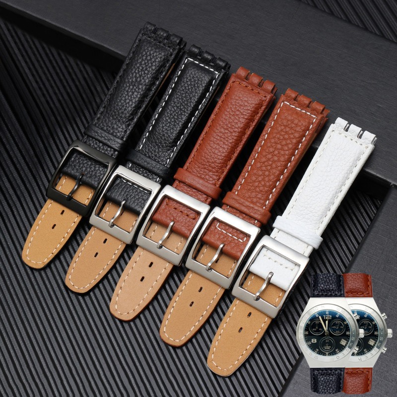 Leather Watch Strap Waterproof For Swatch YIS415/414 YCS YAS YGS 17mm Replacement Cowhide Watch Band Concavo Convex Watch Bracelet