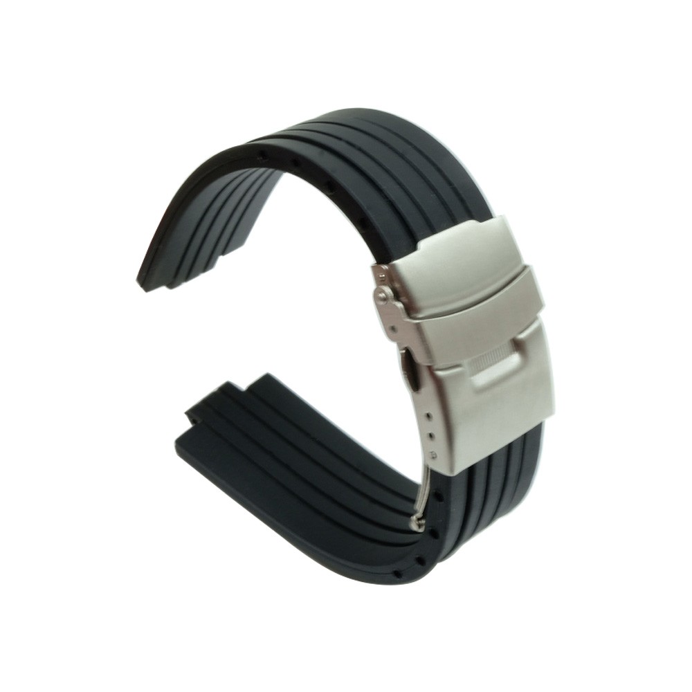 Silicone Rubber Watch Strap, 24mm x 11mm, for Oris Aquis, Convex, Stainless Steel, Safety Buckle, Black