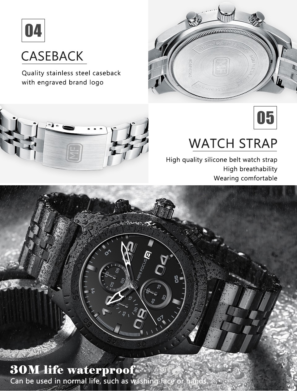 MINIFOCUS Fashion Sports Men Watches Leisure Waterproof Quartz Watches Stainless Steel Strap Chronograph Auto Date Multifunction