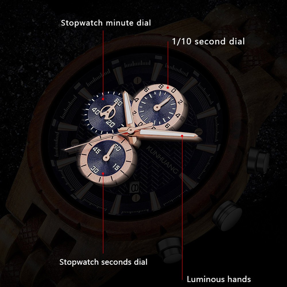 Kunhuang Business Men's Watch Wooden Stopwatch Date Display Chronograph Quartz Wrist Watches relogio masculino