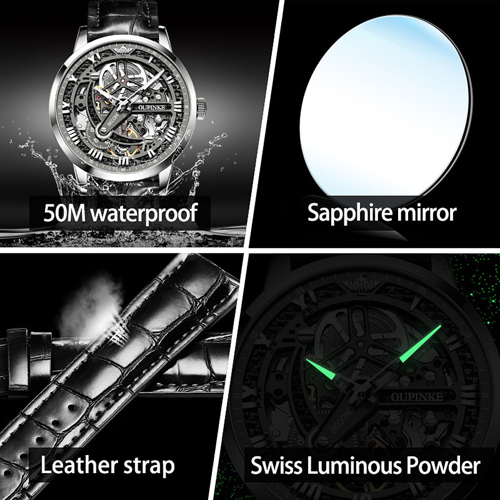 Top Brand OUPINKE Luxury Automatic Mechanical Watch for Men Sapphire Mirror Skeleton Hollow Leather Waterproof Wristwatch Clock