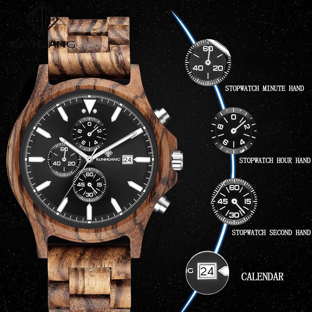 Kunhuang Handmade Wooden Watches Mens Watches Chronograph Watch Military Quartz Wristwatch Male In Wooden Gift Box Relogio