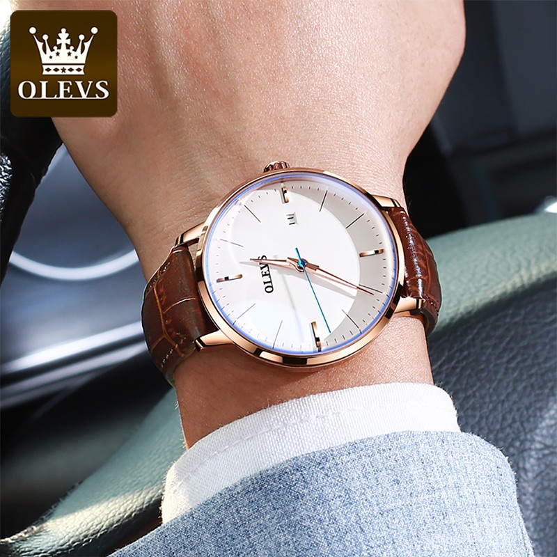 OLEVS 2022 Luxury Fashion Men's Watches Black Automatic Calendar Leather Strap Luminous Hands Waterproof Mechanical Watch Men