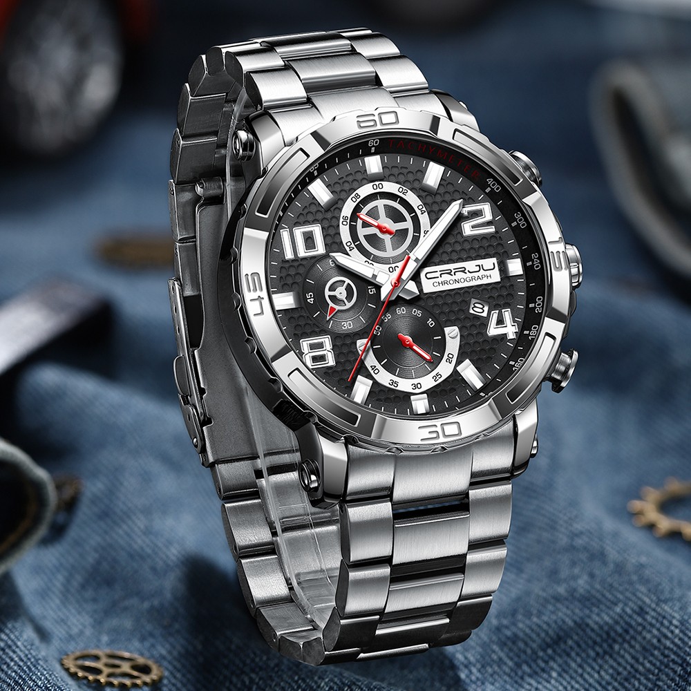 CRRJU Men's Watches Large Dial Waterproof Stainless Steel With Luminous Hands Date Sports Chronograph Watches Relogio Masculino