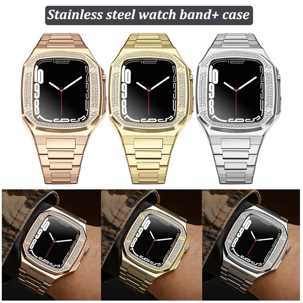 Stainless Steel Band for Apple Watch 7 41mm 44mm 45mm Business Men Strap for iWatch Series 6 SE 5 4 Metal Adjustment Kit Bezel