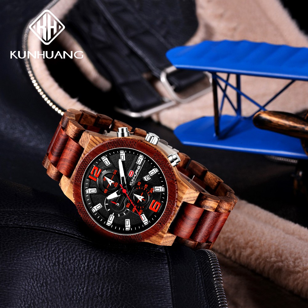 Kunhuang Wooden Watch Fashion Personality Creative Design Senior Ebony Men Watches Quartz Watch Movement Wooden Box Montre Homme